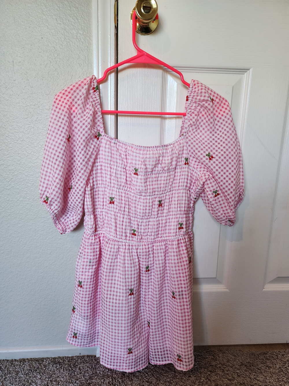 Cloud Ten Pink Gingham Cherry Embroidered Smocked Romper NWT S